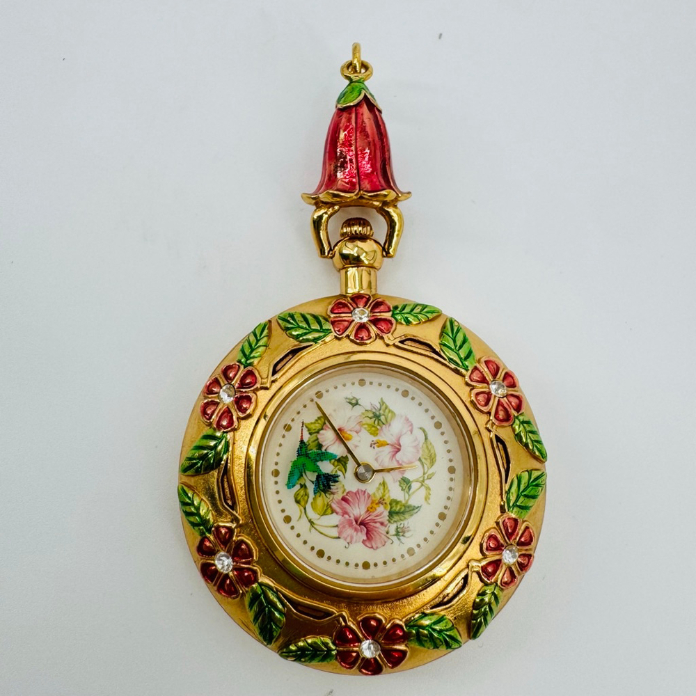 The Franklin Mint Gold & Pink Floral Pendant Hummingbird Watch